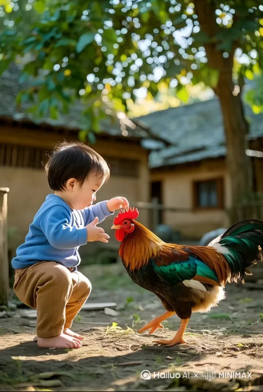 要求生成现实生活中小孩跟公鸡打架的各种动作场景，真实，小孩在跟公鸡格斗、激烈又不失气势，十几个回合的打斗后公鸡逃走。打斗时的声音响亮。 by Hailuo AI Video Generator
