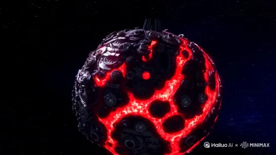 宇宙深空，一个直径1500公里的由科技机械金属与活体组织血肉组成的克苏鲁风格的巨型球体要塞缓缓旋转，暗红色能量纹路在其表面流动，吞噬途经的破碎星环与恒星残骸。 by Hailuo AI Video Generator