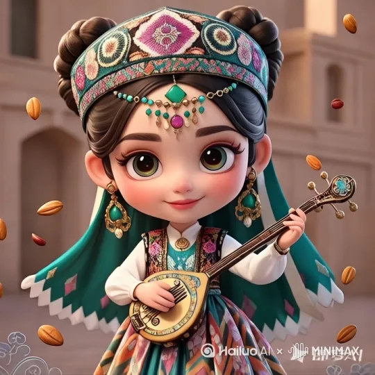 人物有节奏手弹着琵琶[推出,上升,下摇]，眼睛不停眨动，周围坚果飞舞[左摇,变焦推进] by Hailuo AI Video Generator