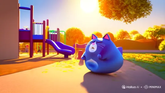 生成一一只蓝色的胖猫（月半猫）在操场上跑步抱怨的视频 by Hailuo AI Video Generator