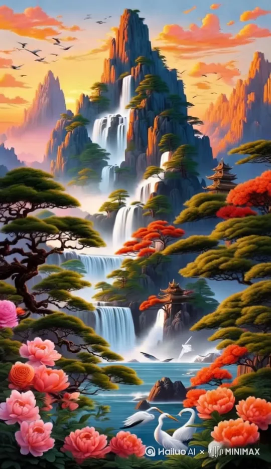 在这幅绝美的中式山水画卷中，橙红色的云霞如梦幻锦缎，铺满了辽阔天空。峻峭的山峰，身披浓重的色彩，仿佛是大地的脊梁，直插云霄，尽显雄伟壮丽。
 
层层叠叠的瀑布，宛如银河落九天，带着磅礴的气势奔腾而下，激起晶莹的水花。那潺潺的流水声，似是大自然奏响的美妙乐章，清脆悦耳，令人心旷神怡。
 
茂密的松树，身姿挺拔，宛如绿色的卫士，守护着这片神秘的山水。而那如火般艳丽的枫树，点缀其间，为这幅山水图增添了一抹灵动的色彩。
 
中式古建筑静静地伫立在山间，飞檐翘角，古朴典雅，仿佛在诉说着岁月的故事。粉色与橙色的牡丹花，娇艳欲滴，在微风中轻轻摇曳，散发着迷人的芬芳。
 
天空中，鸟儿自由翱翔，为这幅静谧的画面增添了几分生机与活力。水边的白鹤，优雅地踱步，偶尔低头觅食，尽显悠然自得之态。
 
这里，是大自然的杰作，是心灵的栖息地。让我们一同沉浸在这如诗如画的山水之间，感受那份宁静与美好，远离尘世的喧嚣，找寻内心深处的那份安宁 。 by Hailuo AI Video Generator