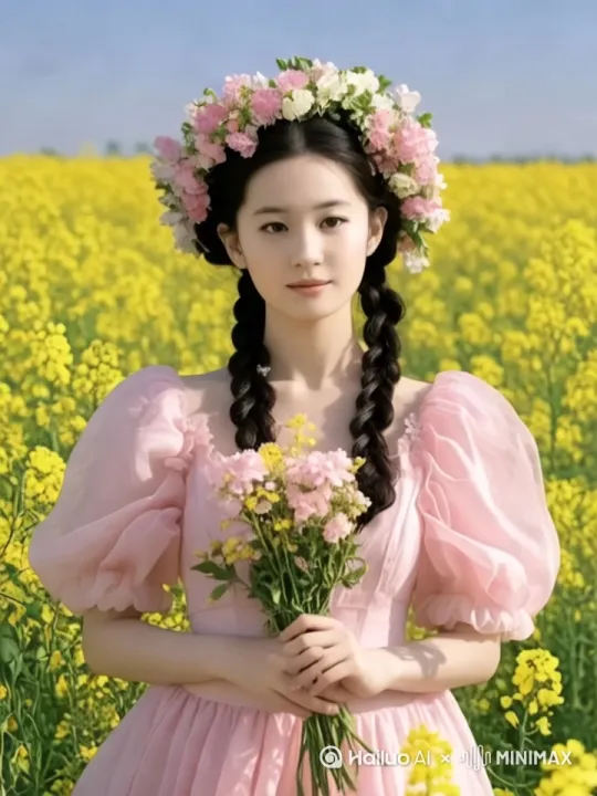 让人物动起来轻快的向前走路，s面带微笑，然后朝镜头很开心自然的微笑，在花海里很享受的样子，人物在花海里走路，镜头跟随人物移动 by Hailuo AI Video Generator