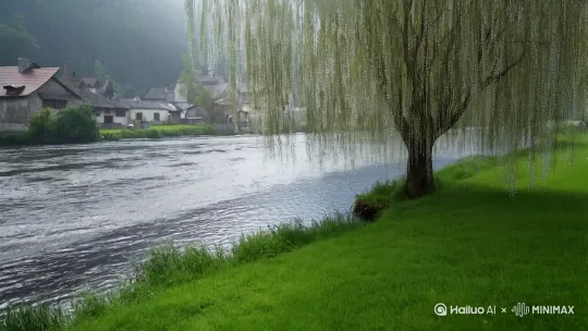 置身于一个宁静而美丽的小村庄。雨轻轻地下着，细密的雨丝为整个村庄披上了一层轻纱。河流在雨中缓缓流淌，水面上泛起层层涟漪，仿佛在轻声诉说着古老的故事。

河岸边是一片青草地，雨滴落在草叶上，晶莹剔透，宛如珍珠。草地像一块柔软的绿色地毯，铺展在河岸旁，给人一种宁静而舒适的感觉。柳树在河边静静伫立，细长的柳枝在微风中轻轻摇曳，仿佛在雨中翩翩起舞。柳叶上挂着雨珠，晶莹剔透，增添了几分诗意。

这样的景象让人感到宁静与祥和，仿佛时间在这一刻静止 by Hailuo AI Video Generator