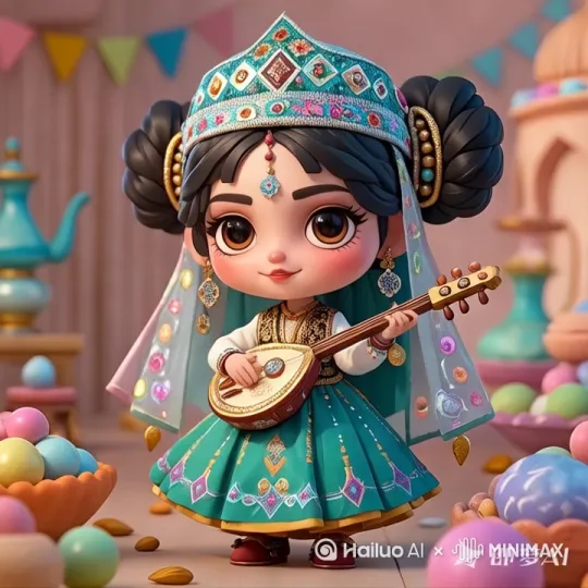 人物有节奏手弹着琵琶[推出,上升,下摇]，眼睛不停眨动，周围圆球飞舞[左摇,变焦推进] by Hailuo AI Video Generator