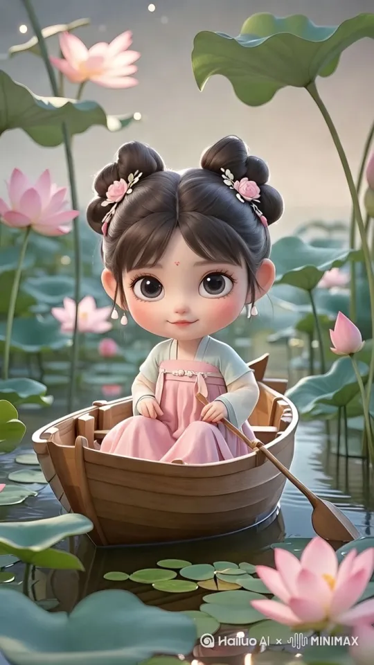 [推进]小女孩坐船头，划桨 by Hailuo AI Video Generator