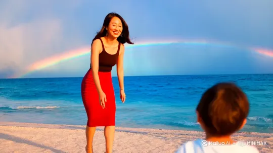 一个漂亮的身材很好的韩国美女，穿背心，裹臀裙，弯腰去迎接向她跑来的小孩，两个小孩在旁边玩耍，天空中有彩虹，场景要求在海边，碧海蓝天 by Hailuo AI Video Generator