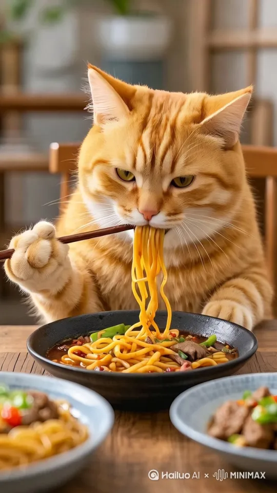 一只肥胖的大脸橘色猫咪正坐在桌前享用美食。它的前爪紧紧握着一双筷子，熟练地夹起一撮面条咀嚼几下，又用筷子夹起一撮面条，美美的咀嚼着。吃的很开心。面条细长，裹满了浓郁的酱汁，上面点缀着鲜嫩的牛肉块、翠绿的葱花和鲜红的辣椒碎，色泽诱人。周围的环境温馨而质朴，木质的桌面纹理清晰，一旁还摆放着其他菜肴，营造出一种温暖的用餐氛围，仿佛能让人感受到面条的鲜香和猫咪进食时的愉悦。 by Hailuo AI Video Generator