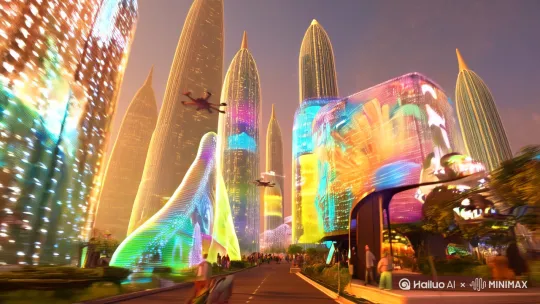 Create a video that showcases a futuristic cityscape at twilight, where skyscrapers are made of translucent, glowing materials that pulse with energy. The camera weaves through the streets at dynamic angles, capturing holographic advertisements that morph into abstract art as you pass. Drones zip between buildings, leaving trails of light, while pedestrians walk on elevated walkways that seem to float in the air. The scene transforms seamlessly into a bustling marketplace filled with robots and humans interacting, with stalls selling items that hover and rotate as if by magic. The overall atmosphere is a blend of hyper-realistic technology and whimsical fantasy, creating a sense of wonder and excitement. Use a color palette of deep blues, purples, and electric neon accents to enhance the futuristic feel. Add subtle sound effects of hums, clicks, and whooshes to immerse the viewer in this cutting-edge world. by Hailuo AI Video Generator