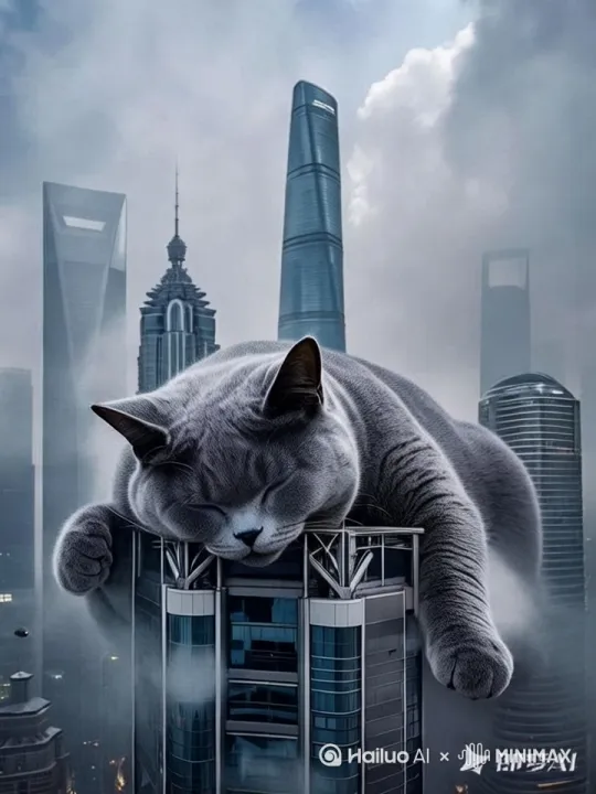 一只巨大的蓝猫臥在上海中心顶上左右俯视着上海城市 by Hailuo AI Video Generator
