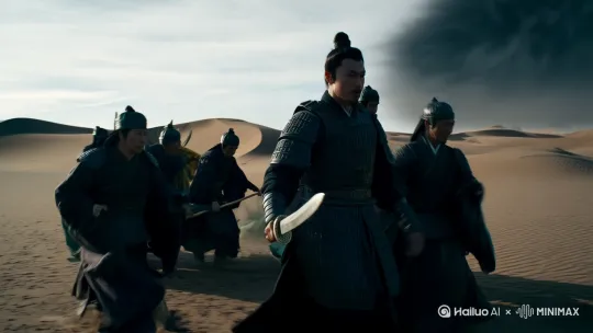 镜东行队伍穿越戈壁时突遇黑风沙暴，秦穆公换装犀皮护甲持轩辕剑引路，随行的方士展开绘有二十八星宿的绸幡布阵，青铜仙鹤在风沙中振翅欲飞，驼队后方隐约显现海市蜃楼的瑶池轮廓。 by Hailuo AI Video Generator