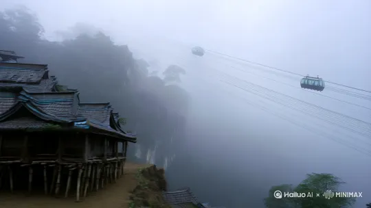 浓雾中若隐若现的洪崖洞吊脚楼群，长江索道缆车刺破灰白色雾霭
青苔覆盖的"巴郡"石刻匾额，雨滴顺着"蔓"字沟壑蜿蜒而下
巴蔓子将军青铜像手持断剑，香灰飘落在雕像开裂的眼眶中 by Hailuo AI Video Generator
