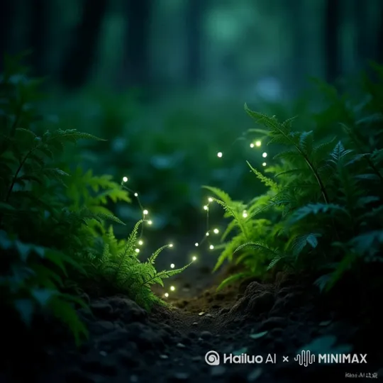 仲夏夜腐殖土蒸腾着草木气息，忽明忽暗的绿光在蕨类丛中游弋，恍若银河碎屑坠入人间，每粒微光都在谱写生命的摩斯密码。 by Hailuo AI Video Generator