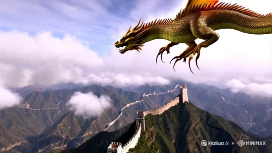 中华中华巨龙腾飞在白云上（五爪龙），看着中华万里长城 by Hailuo AI Video Generator