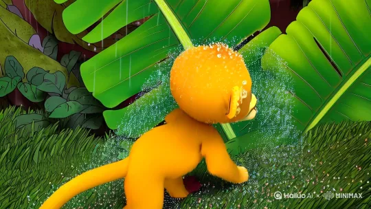 进阶组合示例：
"金丝猴幼崽顶着芭蕉叶在热带暴雨中跋涉，琥珀色毛发沾满晶莹水珠，巨大叶脉在雨帘中形成天然屏障，萤火虫群穿透雨幕发出星点柔光，泥泞小径上的脚印延伸向雾气蒸腾的雨林深处，吉卜力画风与中国水墨技法融合，超现实比例带来童话质感，4K细节展现每根雨丝轨迹" by Hailuo AI Video Generator
