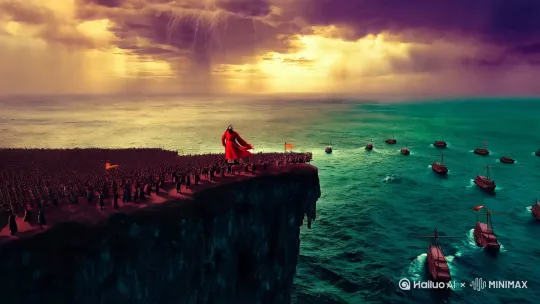 1. **场景设定**  
"浩瀚东海之滨，悬崖峭壁之上，曹操身着红色战袍迎风而立，须发飞扬，身后千军万马若隐若现，水墨风格云海翻腾，巨浪拍岸激起十丈浪花，空中雷电交加，4K超写实与国画渲染结合"

2. **镜头语言**  
"电影级广角镜头（16:9），从俯视沧海逐渐推进到曹操特写，背景呈现'日月之行，若出其中；星汉灿烂，若出其里'的动态书法题词，海浪中隐约浮现古代战船轮廓"

3. **艺术风格**  
"新中式美学风格，参考《千里江山图》青绿色彩基调，加入敦煌壁画云纹元素，光线采用戏剧性伦勃朗光，黄昏时分紫金色天空与深蓝海面形成强烈对比"

4. **动态细节**  
"动态粒子效果表现浪花飞溅，曹操披风布料物理模拟，AI生成古琴版《短歌行》背景音乐，镜头掠过时惊起群鸟（慢动作特写）"

5. **升华元素**  
"转场时插入青铜鼎器/竹简文字特效，最终镜头拉远呈现全诗《观沧海》悬浮于海天之间，印章落款'建安十二年'"

---

**进阶参数建议（根据平台支持添加）：**
- 风格权重：国画质感70% + 史诗电影30%
- 关键帧提示："0:03曹操按剑回首，2:12巨浪吞没礁石慢镜头"
- 负面提示："避免现代元素/卡通渲染/西式盔甲"

**分镜脚本参考：**
1. 开场：俯拍浪击礁石（2秒）
2. 中景：曹操侧影与军队剪影（5秒）
3. 特效：海浪化作千军万马（3秒）
4. 高潮：雷电照亮曹操面部特写（4秒）
5. 结尾：镜头拉升展现全诗（6秒）
 by Hailuo AI Video Generator