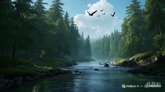 天空中鸟儿在自由飞翔，河流在清澈的流淌，偶尔山风缓缓吹过森林，树枝在风中慢慢摇晃 by Hailuo AI Video Generator