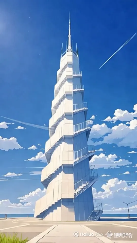 跟随镜头，建筑发射升空飞离地面，底部冒出白烟和火焰，水平悬浮在空中，大师作品，最高质量 by Hailuo AI Video Generator