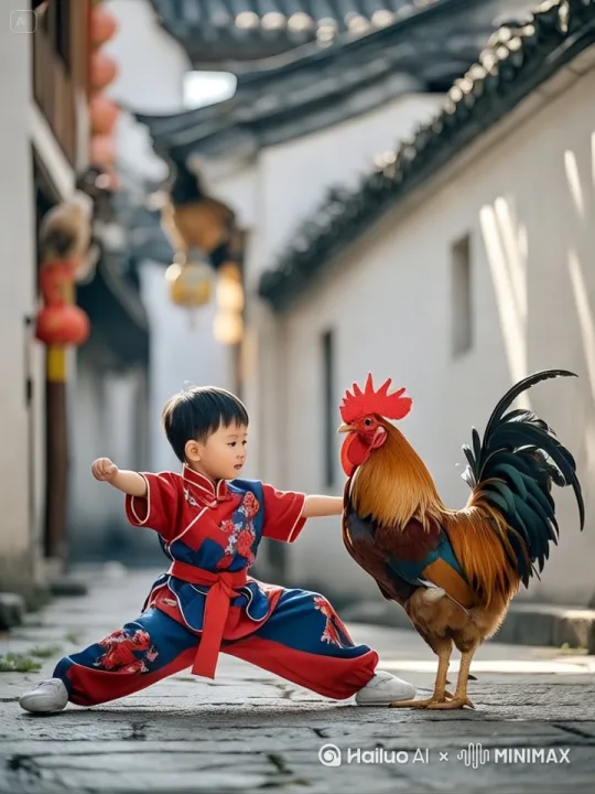 鸡和人史诗般的暴力打斗场面，镜头限随图片中的人和鸡拳打脚踢。快速暴力动作片，人和鸡的生死战，电影级，人和鸡拳打脚踢动作非常快速，鸡和人打出幻影 by Hailuo AI Video Generator