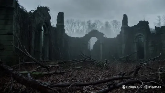 一群腐烂的丧尸在阴森森林的废墟间猛然扑向镜头，残破石墙爬满藤蔓，枯枝落叶散落地面，镜头推进突显溃烂皮肤和狰狞表情，阴沉的天空笼罩着薄雾，充满末日压迫感。 by Hailuo AI Video Generator