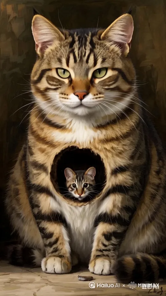 大猫咪张嘴叫一下，小猫咪从大猫咪身体里走了出来，并在地上边叫边打滚。背景为开满了野花的草地上。要求画面生动真实高清。 by Hailuo AI Video Generator