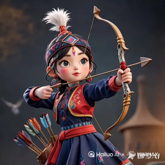 人物拉弓射箭[[右移,左摇,跟随]，眼睛不停眨动，[推进,上升] by Hailuo AI Video Generator
