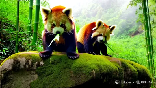 两个小熊猫坐在石头上吃竹子， by Hailuo AI Video Generator