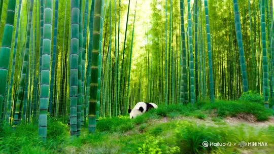 大熊猫通常生活在茂密的竹林中，这些竹林提供了它们主要的食物来源——竹子。大熊猫每天花费大约14个小时在进食上，几乎整天都在吃 by Hailuo AI Video Generator
