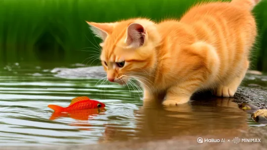黄色的小猫钓水中游的孔雀鱼 by Hailuo AI Video Generator
