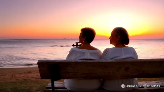 一对中年夫妇坐在海滩边看着夕阳西下，远处的渔船慢慢的消失在他们两的视角 by Hailuo AI Video Generator