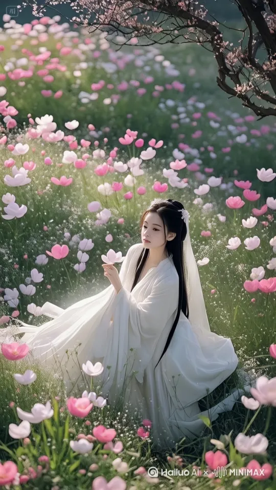 以古风花海为场景，生成一段动态视频。镜头从远景花海缓缓推进（推镜运镜），展现漫山粉白花朵随风轻摇，阳光穿透花枝洒下斑驳光影。接着镜头横移（移镜运镜），聚焦画面中白衣女子：她手持粉花，眼波流转，发丝与衣摆随微风轻柔飘动，头上发饰闪烁微光。穿插特写运镜，捕捉花朵在指尖旋转的细节，花瓣从枝头飘落、绕人物盘旋飞舞。结尾镜头缓缓上拉（拉镜运镜），展现女子与花海相融的全景，最后画面渐暗淡出，保留诗意氛围。要求画面流畅，动态自然，光影过渡细腻，突出古风唯美感。 by Hailuo AI Video Generator
