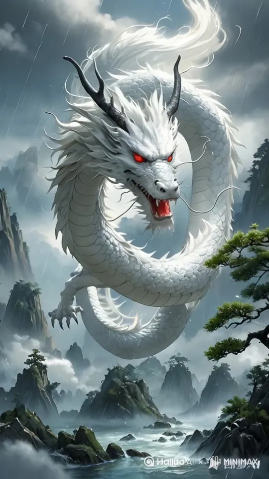 乌云翻滚，暴雨如注。白龙于山水间蓄势，龙须狂舞，红眸如焰。它身躯一扭，鳞片簌簌颤动，如覆银甲。前爪猛地一蹬，后爪用力一撑，庞大的身躯拔地而起
在空中，白龙摆动长尾，似巨蟒游弋，搅乱雨幕。翼膜展开，每一次扇动都卷起狂风，雨滴被甩向四方。它昂首嘶鸣，龙吟声震山谷，向着更高的天际翱翔而去。 by Hailuo AI Video Generator