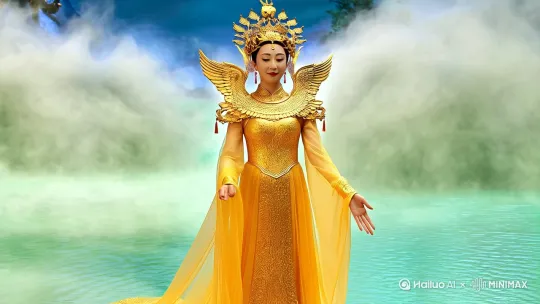 镜瑶池金母现身云端着流仙裙戴九凤冠，指尖凝聚的琼浆玉液化作银河环绕秦穆公，帝王褪去外袍仅着素纱中单虔诚跪拜，背景中青铜仙鹤正将瑶池的翡翠荷叶衔往东土方向。 by Hailuo AI Video Generator
