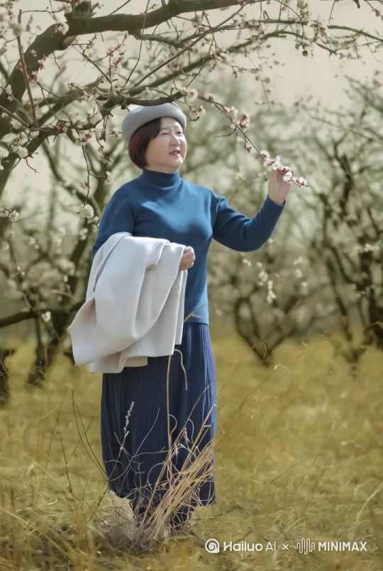 让人物形象更生动逼真的在杏花树间走动，小狗紧跟在身边。 by Hailuo AI Video Generator