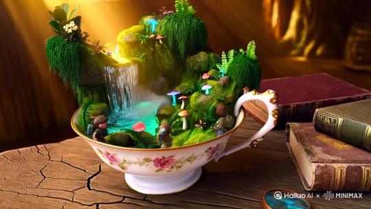 In a highly detailed and ultra-realistic scene, a lush miniature jungle thrives within an oversized porcelain teacup, complete with a tiny cascading waterfall pouring from the rim into a crystal-clear pool below. Tiny explorers in rugged gear, no more than two inches tall, traverse moss-covered rocks and inspect glowing mushrooms nestled among ferns. Wisps of mist rise from the water, catching beams of warm sunlight filtering through the leafy canopy. The teacup rests on a cracked wooden table, surrounded by old books and a dusty magnifying glass, creating a mysterious, timeless atmosphere. by Hailuo AI Video Generator