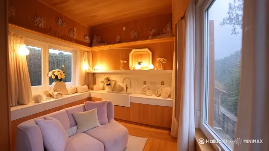温馨暖色二层室内小屋，装饰现代适合女孩，屋外下雨有雨声 by Hailuo AI Video Generator