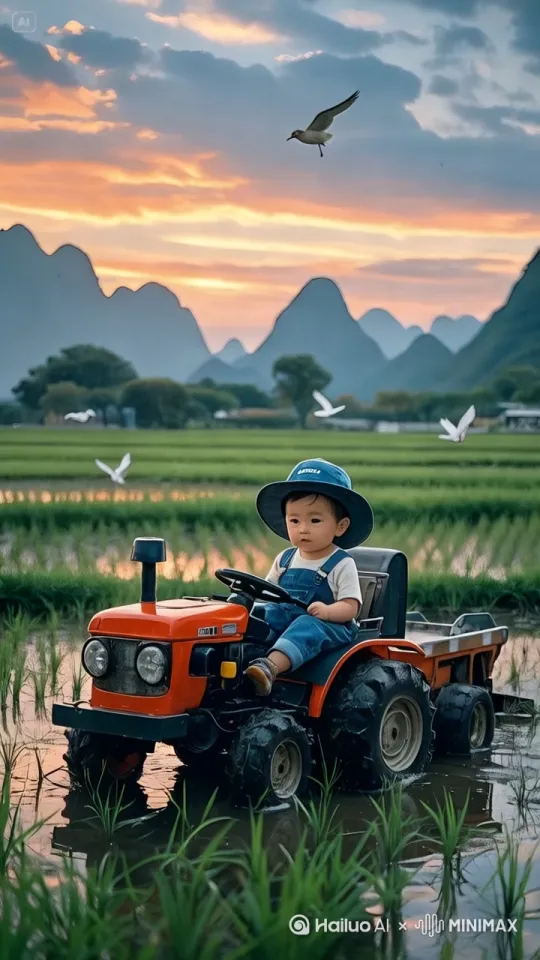 镜头移动，动态跟随，
宝宝手握拖拉机方向盘，稳稳向前开，突然拖拉机离地飞上天空，越飞越远，身后大鸟展翅飞远 by Hailuo AI Video Generator