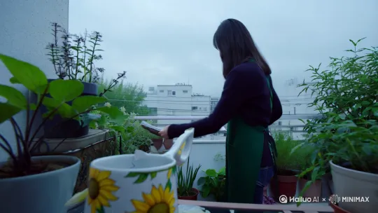 ### **【晨启：7:15AM 破碎契机】**  
*地点：公寓阳台*  
- **主角**：自由插画师小林（独居）  
- **关键事件**：  
  ▸ 浇花时碰倒印有「向日葵」的马克杯，杯柄断裂  
  ▸ 特写裂缝形成闪电形状，收音机天气预报："午后局部阵雨"  
- **动作设计**：  
  ▸ 小林用速写本描摹碎片形状，纸页被风吹到楼下  
**AI生成适配方案**：  
1. **角色极简**：主角始终穿墨绿色围裙，奶奶戴琥珀色耳钉作为识别点  
2. **色彩线索**：  
   - 早晨：灰蓝色调（阴天） by Hailuo AI Video Generator