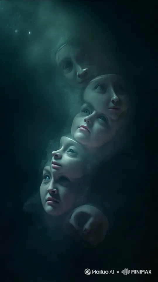 梦境，虚幻，人类的面孔在各种表情间不断切换，空间，立体，旋转。[左移,左摇,拉远] by Hailuo AI Video Generator