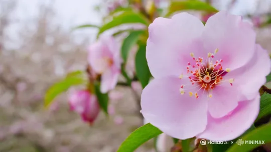 一阵微风，桃花花瓣轻轻的晃动，散落着花瓣，[特写，拉远，右移,左摇,跟随] by Hailuo AI Video Generator