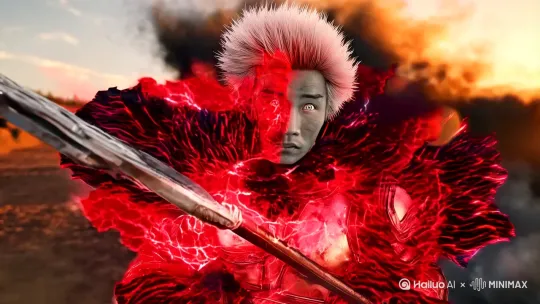 王者荣耀马超动画转真人形象,银白刺猬短发随风扬起,红黑色能量脉冲从上身战甲向外扩散,冷晖红缨枪凝聚闪电火花,二次元纹理逐渐转化为真人皮肤质感,破损披风在飓风中剧烈飘动,战场硝烟与能量粒子交织缠绕,8K超清电影画质,金属甲片折射夕阳暖光,面部保留动画版狭长眼型但增加真人瞳孔纹理,皮肤表面浮现战斗状态青筋,使用虚幻引擎5渲染皮革战甲磨损细节,地面倒影呈现变身过程中的残影分层 by Hailuo AI Video Generator