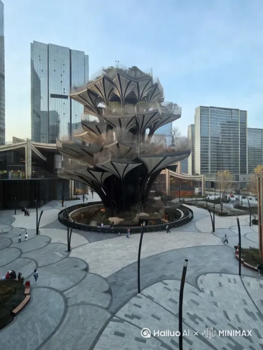 这个建筑突然像火箭一样，底下喷出火来把它加速升到了天空中。 by Hailuo AI Video Generator