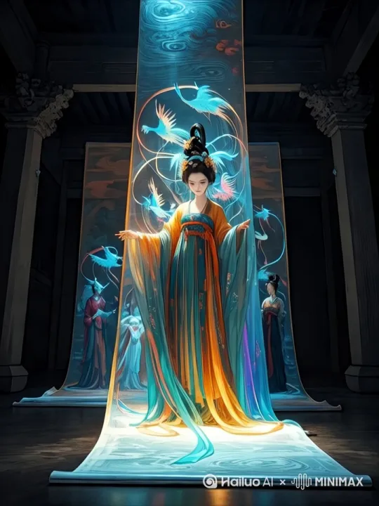 仕女从画中走下来，走下来，衣裙，披帛，发丝，飘动，飘动，衣裙飘动，纱幔飘动，仕女着走向镜头。动起来，动作自然流畅，符合逻辑，镜头跟拍，16K 分辩率，高清，高质量，没有瑕疵。[推出,上升,下摇] by Hailuo AI Video Generator