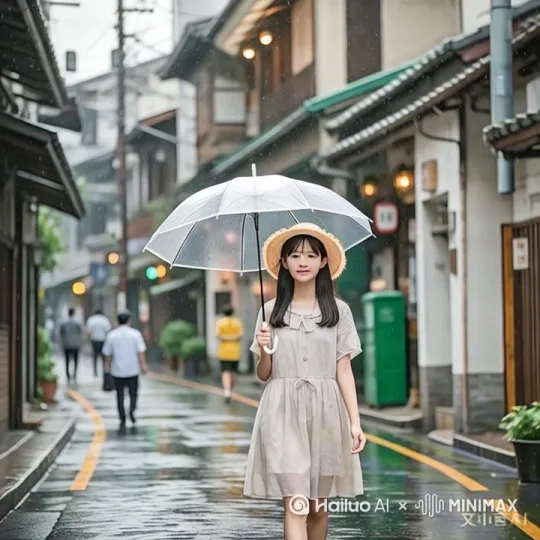 下好大的雨，她在街上行走了 by Hailuo AI Video Generator