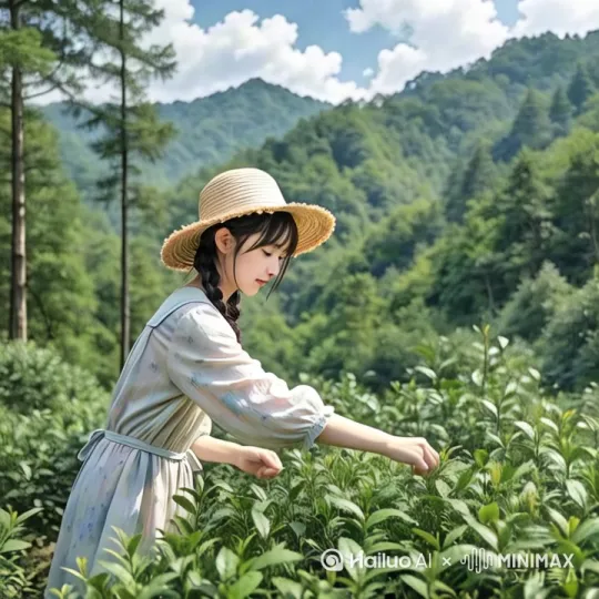 一个少女在山上采茶 by Hailuo AI Video Generator