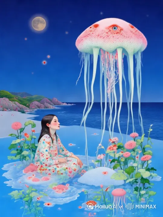 拉近镜头，水母飘动，人举起双手触摸水母，水面微微流动 by Hailuo AI Video Generator