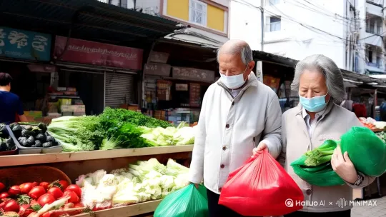 头发花白的老夫妇前往菜市场购物，公交车作为出行工具，手提买回来的菜，急急忙忙赶往公交站，一台20路公交车即将进站。马路两侧商店开门营业，人们熙熙攘攘在逛街。 by Hailuo AI Video Generator