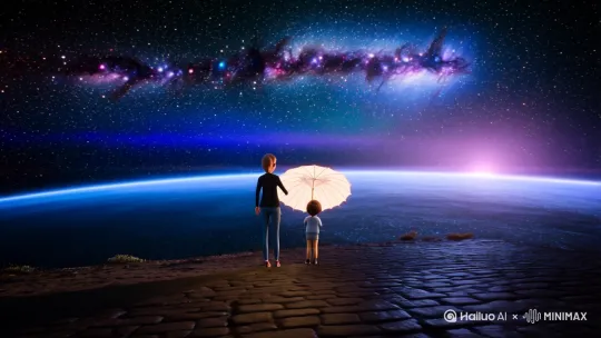 在无垠的宇宙中，星辰闪烁，银河横亘。女性和孩子仿佛置身于浩瀚的星空之中，周围是漂浮的星际尘埃和星云。他们脚下的不再是古朴的石板路，而是虚无缥缈的太空。女性手中的纸伞在微弱的星光下反射出柔和的光芒，孩子则好奇地四处张望，仿佛在探索这个全新的世界。

不远处，一艘巨大的星际战舰静静悬浮在太空中，战舰表面闪烁着金属的光泽，巨大的炮口和复杂的机械结构显示出它的强大与威严。战舰的舷窗透出微弱的光芒，仿佛有人在注视着这对母子。在这寂静而神秘的太空中，他们的存在显得如此独特而奇妙，仿佛一场跨越时空的旅程。 by Hailuo AI Video Generator