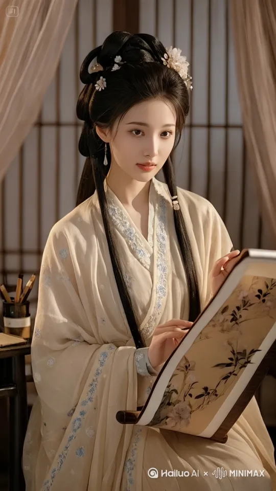 镜头移动，动态跟随，画飘了起来，画里出现了心爱的男人，女人很高兴，去追着男人 by Hailuo AI Video Generator
