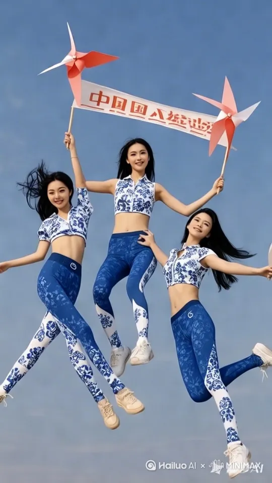 给三个美女穿上与上衣相同颜色青花瓷色的紧身裤，然后高速旋转起来，像风车一样水平旋转，最上面美女脚上垂下一个条幅，条幅写着‘’中国我爱你‘’五个字。镜头跟随动态移动 by Hailuo AI Video Generator