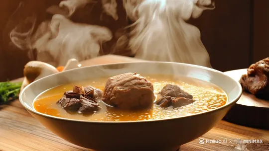 [视频开头]
（画面显示一碗热腾腾的牛肉汤，配以舒缓的背景音乐）

旁白： “冬天来了，喝一碗热腾腾的牛肉汤，暖心又暖胃。”

[视频中间]
（画面切换到各种香料的特写镜头）

旁白： “来看看这锅美味牛肉汤的秘密吧！”

（画面上出现文字，列出各种香料及其重量）

良姜 15克
山奈 10克
白芷 8克
香茅草 12克
丁香 10克
草果 8克
香叶 20克
八角 15克
毛桃 10克
白寇 10克
花椒 15克
肉桂 15克
小茴香 15克
橙皮 10克
香砂仁 10克

旁白： “这些香料精心搭配，才能煮出香气四溢的牛肉汤。”

[视频结尾]
（画面回到那碗牛肉汤，配以温暖的灯光效果）

旁白： “快来试试这道美味的牛肉汤吧，让这个冬天不再寒冷！” by Hailuo AI Video Generator